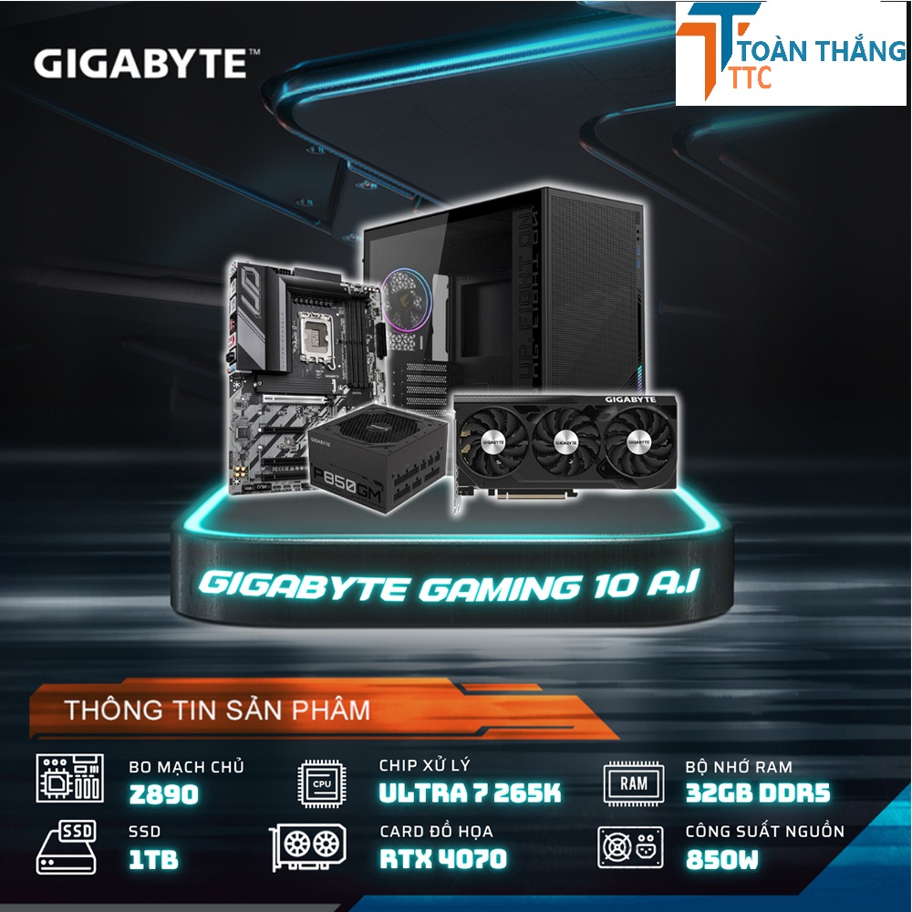 PCAP GIGABYTE GAMING 10 A.I ( Ultra7 265K | RTX4070 | 32GB DDR5 | SSD 1000GB | PSU 850W | Tản nhiệt 360 ARGB | Wifi Bluetooth )